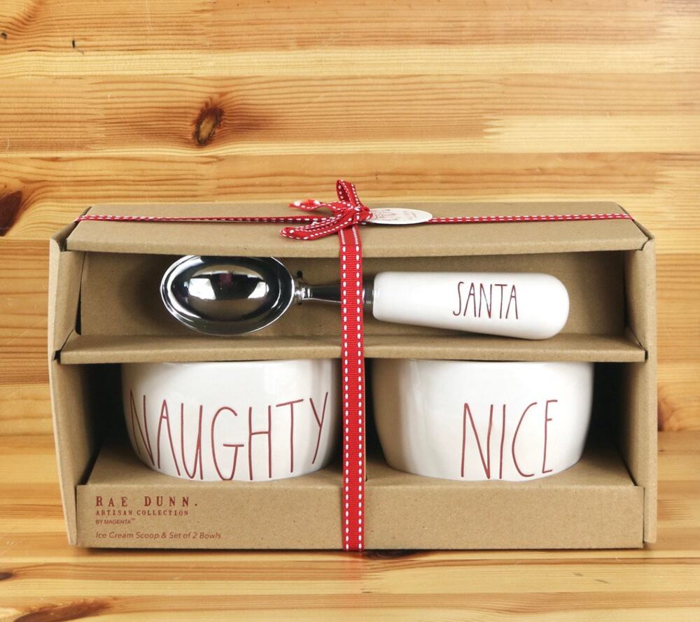 NEW Rae Dunn Ice Cream Scoop Set of 2 Bowls Naughty Nice Santa Christmas Holiday